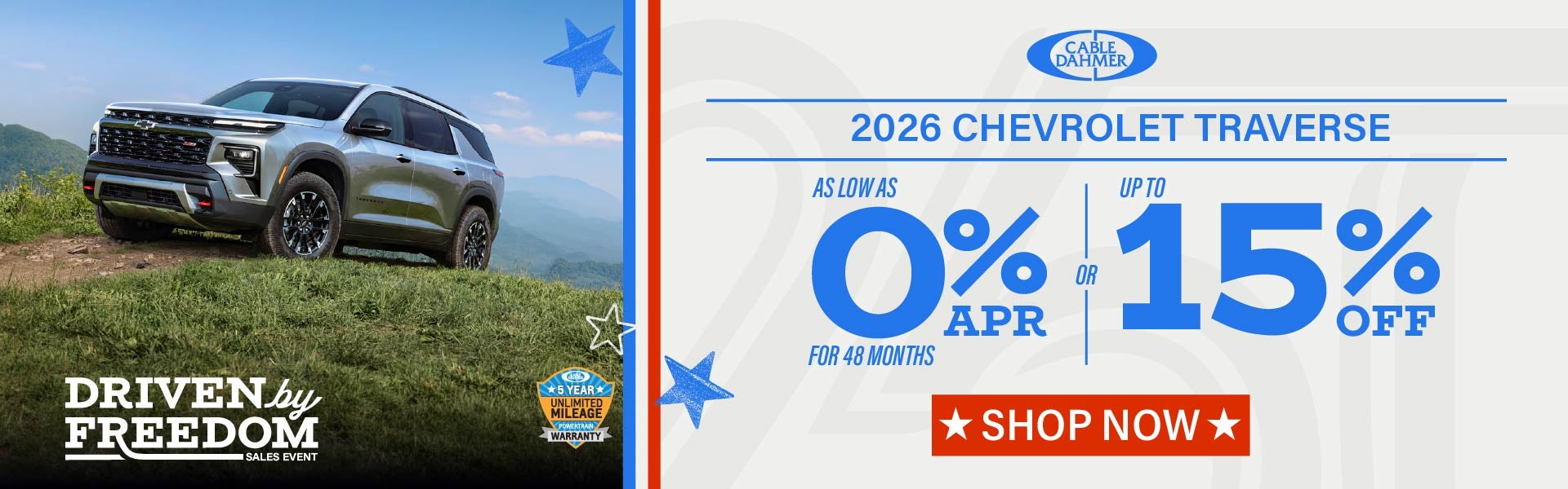 2026 Traverse as low as 0% APR or up to 15% off MSRP