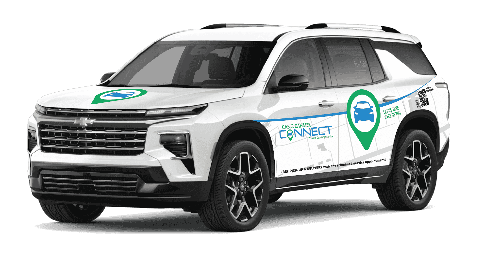 White Chevrolet SUV with the cable dahmer connect logo on the side of the car