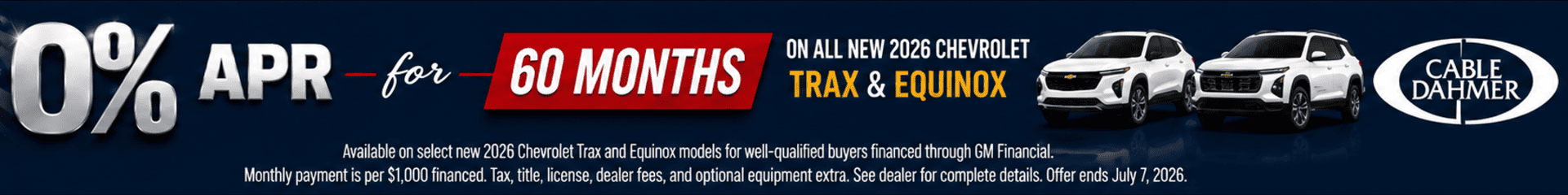 2026 Chevrolet Trax and Equinox as low as 0% APR for 60 months